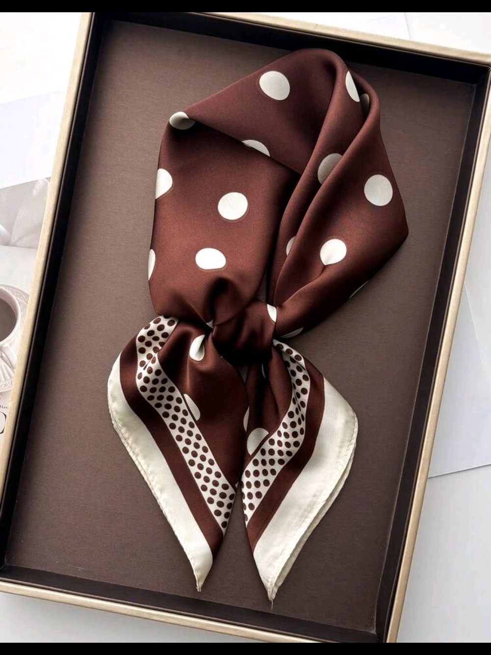 Polka Dot Satin Neck Scarf - Brown 27.5"/27.5"